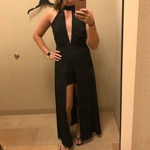 Sexy black romper with maxi skirt overlay